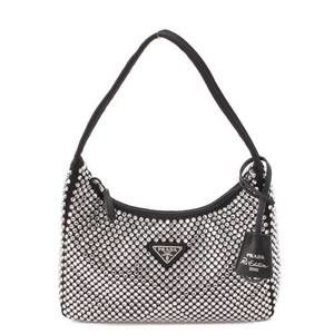Prada Crystal Triangle Satin Mini Hobo Handbag Black